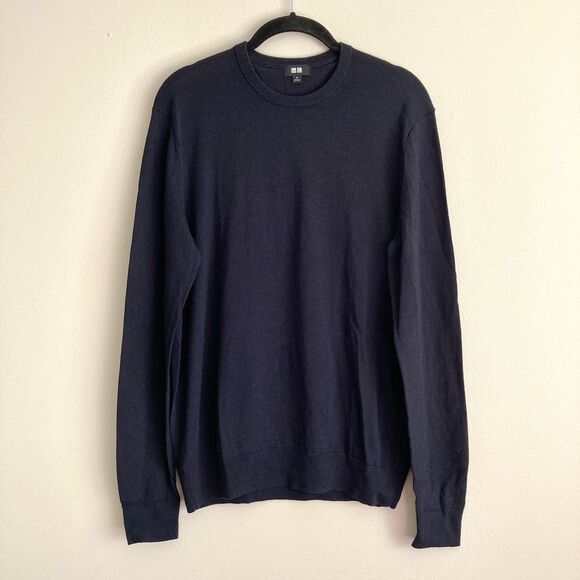 Uniqlo 100% Wool Crewneck Long Sleeve Sweater Mens Medium Navy Classic Preppy - Picture 1 of 8